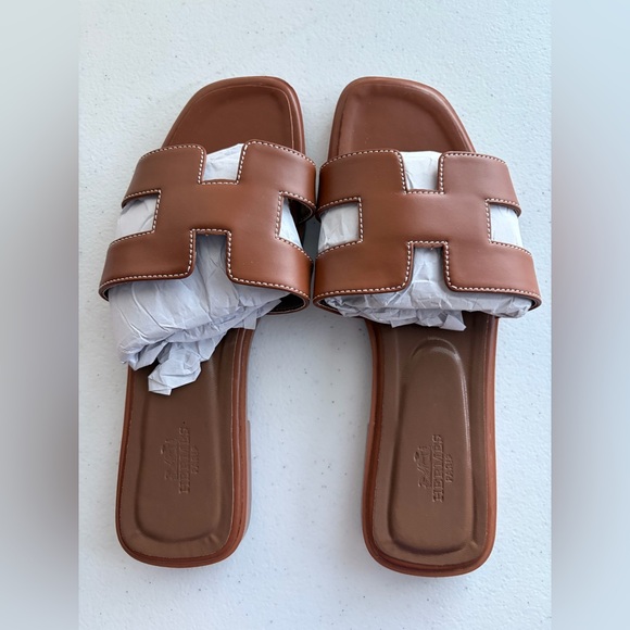 Brown Leather Slide Sandals - Picture 2 of 3
